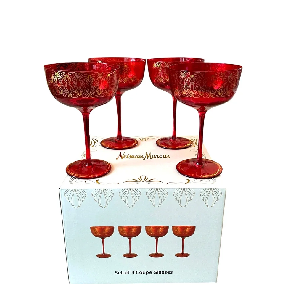 NEIMAN MARCUS Holiday Coupe Glass Set of 4 Red and Gold 6 oz in Gift Box New